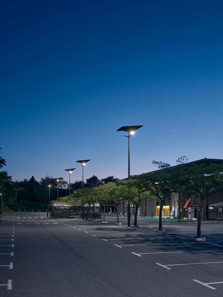 Solar public lighting on a supermarket car park